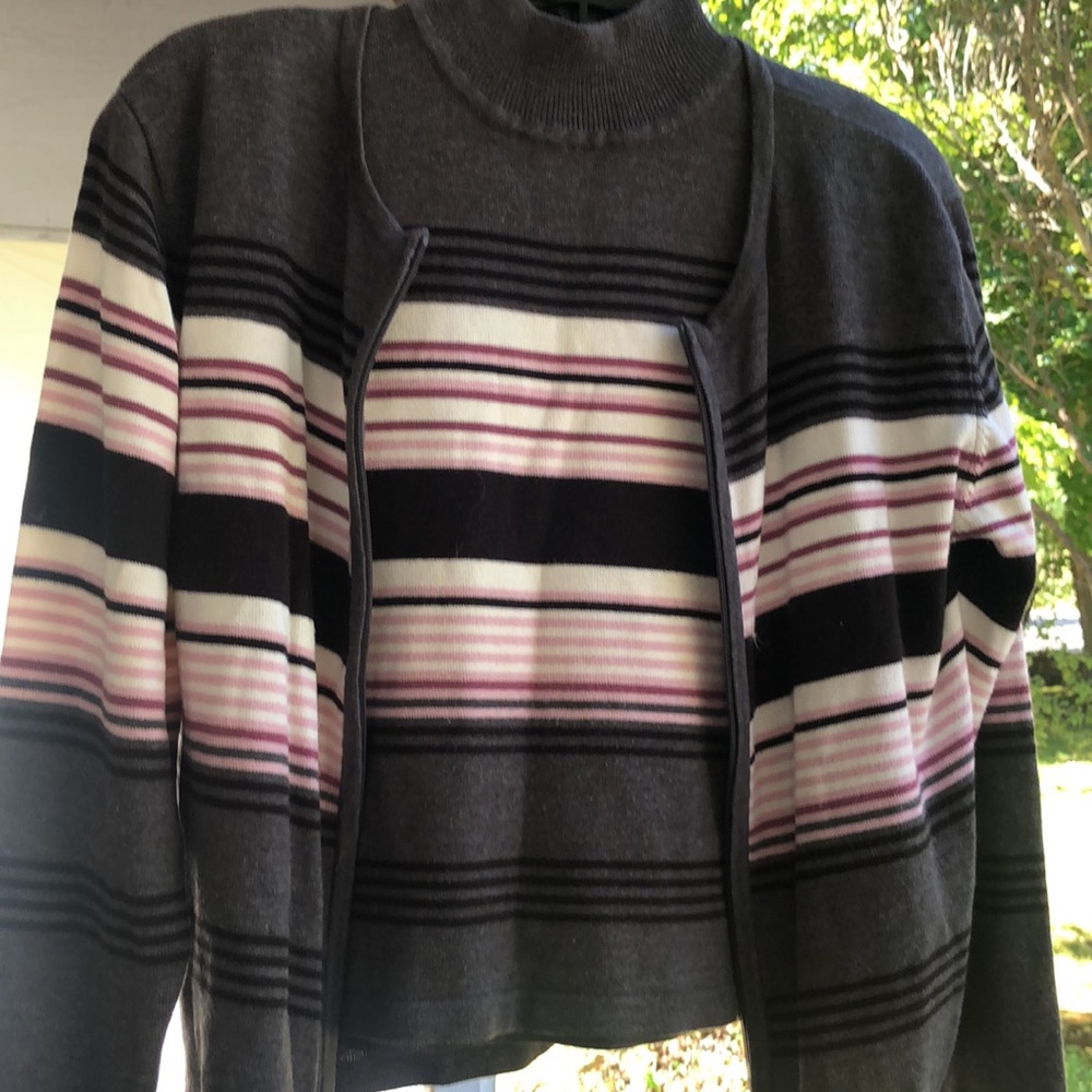 Vintage 2 piece set tank and matching cardigan gray white pink black striped